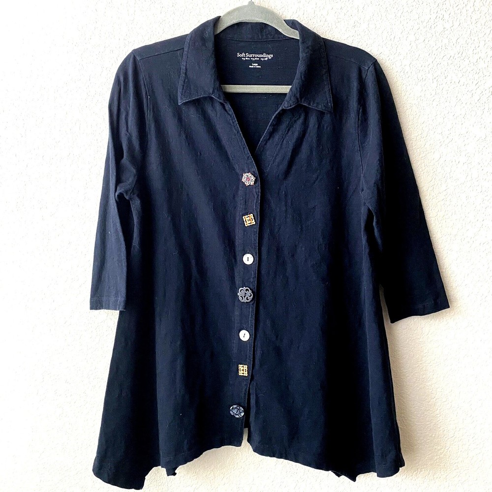 Soft Surroundings Womens Blouse Top Size Large Black Button Front